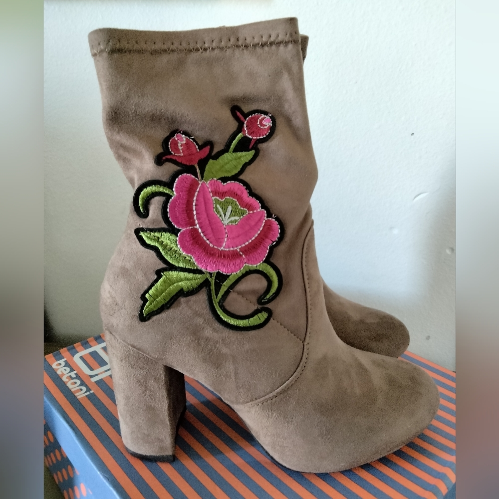 Floral embellished suede ankle booties